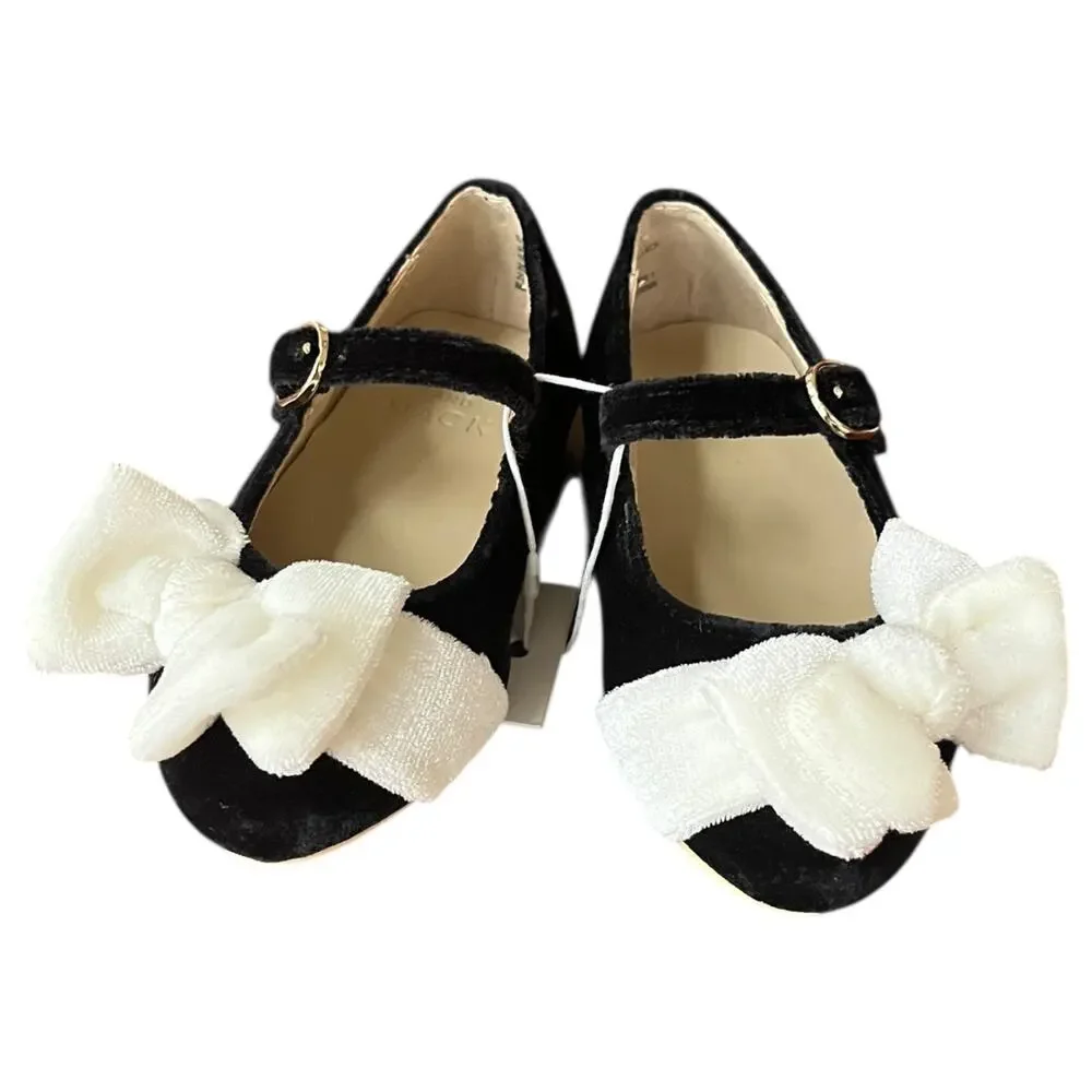 NEW Janie and Jack Black Velvet Mary Jane Shoes w/ Ivory Bow Baby Girl Size 4